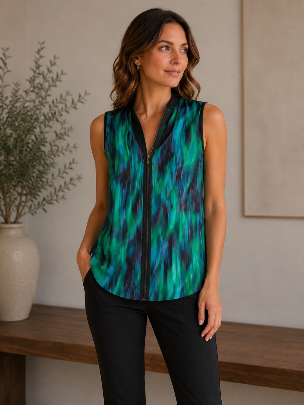 Tahari Sleeveless Zip Front Tunic Top Watercolor Print & Solid Back